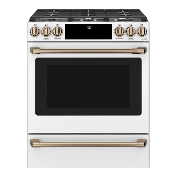 Café 30" Smart Slide-In, Front-Control, Gas Range with Convection Oven - Matte White