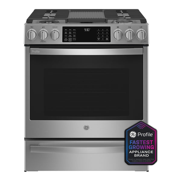 GE Profile 30" Smart Slide-In Front-Control Gas Fingerprint Resistant Range with No Preheat Air Fry - Stainless Steel