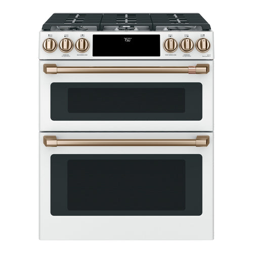 Café 30" Smart Slide-In, Front-Control, Gas Double-Oven Range with Convection - Matte White