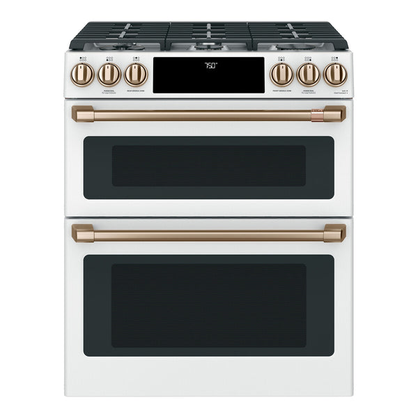 Café 30" Smart Slide-In, Front-Control, Gas Double-Oven Range with Convection - Matte White